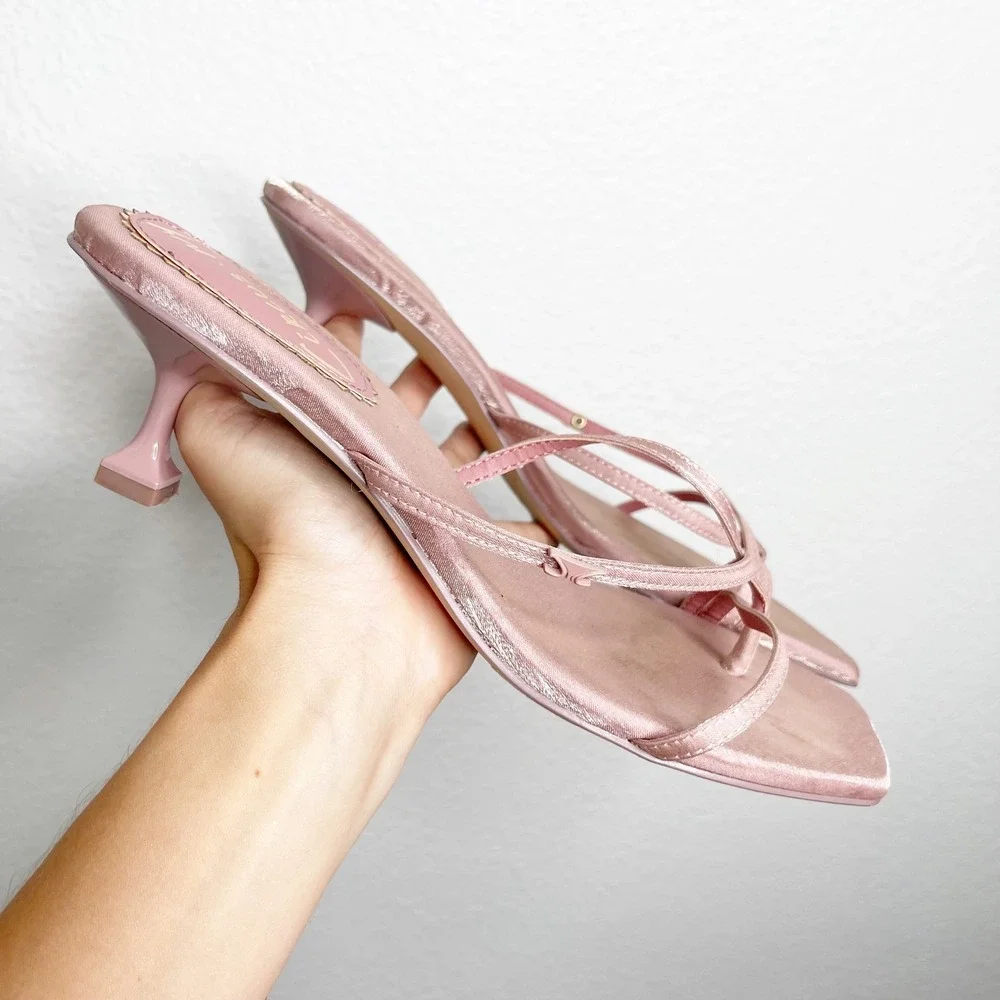 Circus by Sam Edelman Pink Satin Strappy Kitten Heel Square Toe Sandals Womens